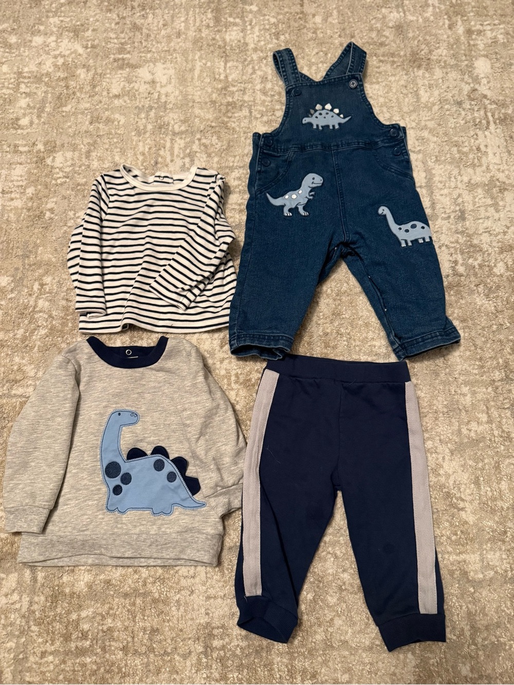 Little Me 4 piece Matching Set Navy Denim Overalls with Light Blue Dinosaur 12M